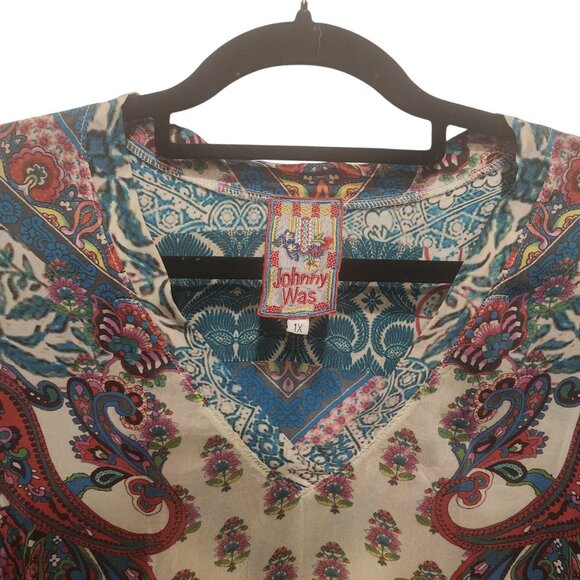 Johnny Was 100% Silk Georgette Paisley Crinkle Tunic Blouse Top Plus Size 1X - Picture 4 of 12